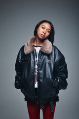 Synthetic Leather Fur Collar Blouson
