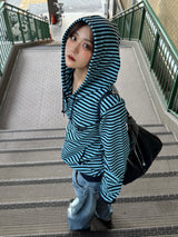 Striped rib knit zip hoodie