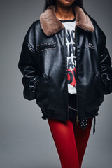 Synthetic Leather Fur Collar Blouson