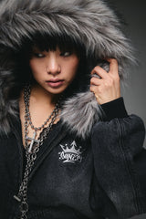 King Logo Slub Denim Far Zip Hoodie