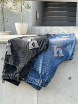 H flower logo denim