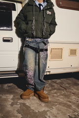 Sakura Embroidered Slub Denim Buggy Pants