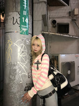 Cross Patch Striped Zip Hoodie