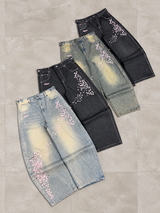 Sakura Embroidered Slub Denim Buggy Pants