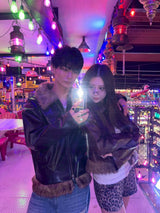 OE logo leather fakefar jacket