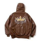 킹 로고 합성 가죽 후드 재킷