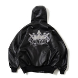 킹 로고 합성 가죽 후드 재킷