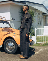 western short rigid wide tuck denim pants