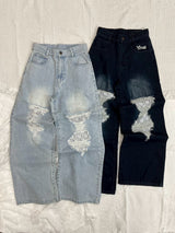 Lace docking damage denim 【yung】