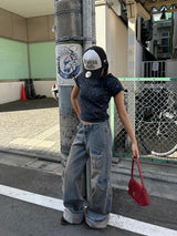 라인스톤 크롭 티