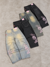 Sakura Embroidered Slub Denim Buggy Pants