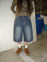 平成标志水钻牛仔短裤