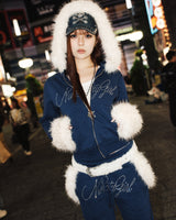 Ninety Girl Rhinestone Fur Zip Hoodie