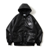 킹 로고 합성 가죽 후드 재킷