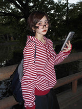 Striped rib knit zip hoodie