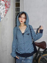 Striped rib knit zip hoodie