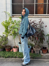 Striped rib knit zip hoodie