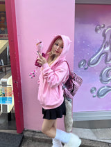 90 Logo Cat Ear Zip Hoodie【9090girl】