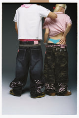 Sakura Embroidered Slub Denim Buggy Pants