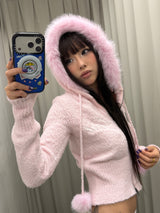 Fur Hooded Zip-Up Knit