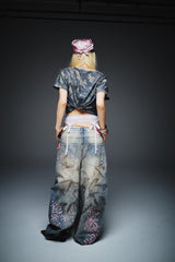 Sakura Embroidered Slub Denim Buggy Pants