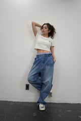 wide tuck denim pants