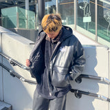 킹 로고 합성 가죽 후드 재킷