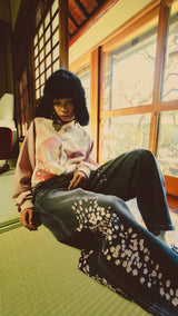 Sakura Embroidered Slub Denim Buggy Pants