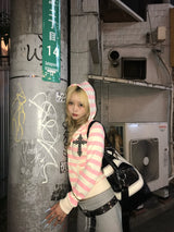 Cross Patch Striped Zip Hoodie