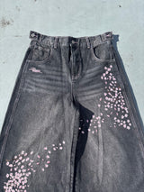 Sakura Embroidered Slub Denim Buggy Pants