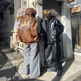 킹 로고 합성 가죽 후드 재킷