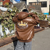 킹 로고 합성 가죽 후드 재킷