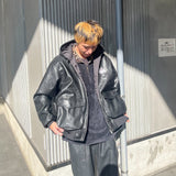 킹 로고 합성 가죽 후드 재킷