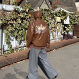 킹 로고 합성 가죽 후드 재킷