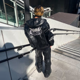 킹 로고 합성 가죽 후드 재킷