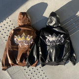 킹 로고 합성 가죽 후드 재킷