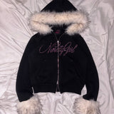 Ninety Girl Rhinestone Fur Zip Hoodie