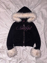 Ninety Girl Rhinestone Fur Zip Hoodie