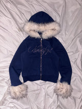 Ninety Girl Rhinestone Fur Zip Hoodie