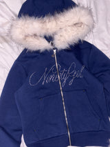 Ninety Girl Rhinestone Fur Zip Hoodie