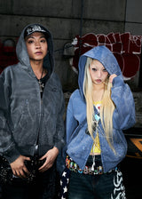 불렛 로고 파이어 프린트 라인스톤 집 후드