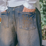 TUCKED DENIM WIDE PANTS