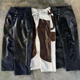 Western double knee leather switching wide denim pants