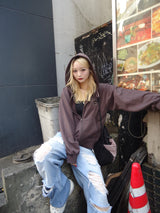 國王徽標樁縫線拉鍊連帽衫