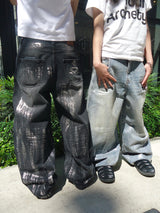 平成标志闪亮印花牛仔裤