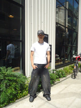 平成标志闪亮印花牛仔裤