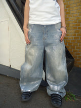 平成标志闪亮印花牛仔裤