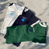 writing flower ringer logo tee