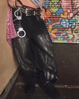 平成标志闪亮印花牛仔裤