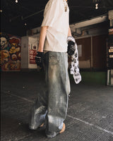 平成标志闪亮印花牛仔裤